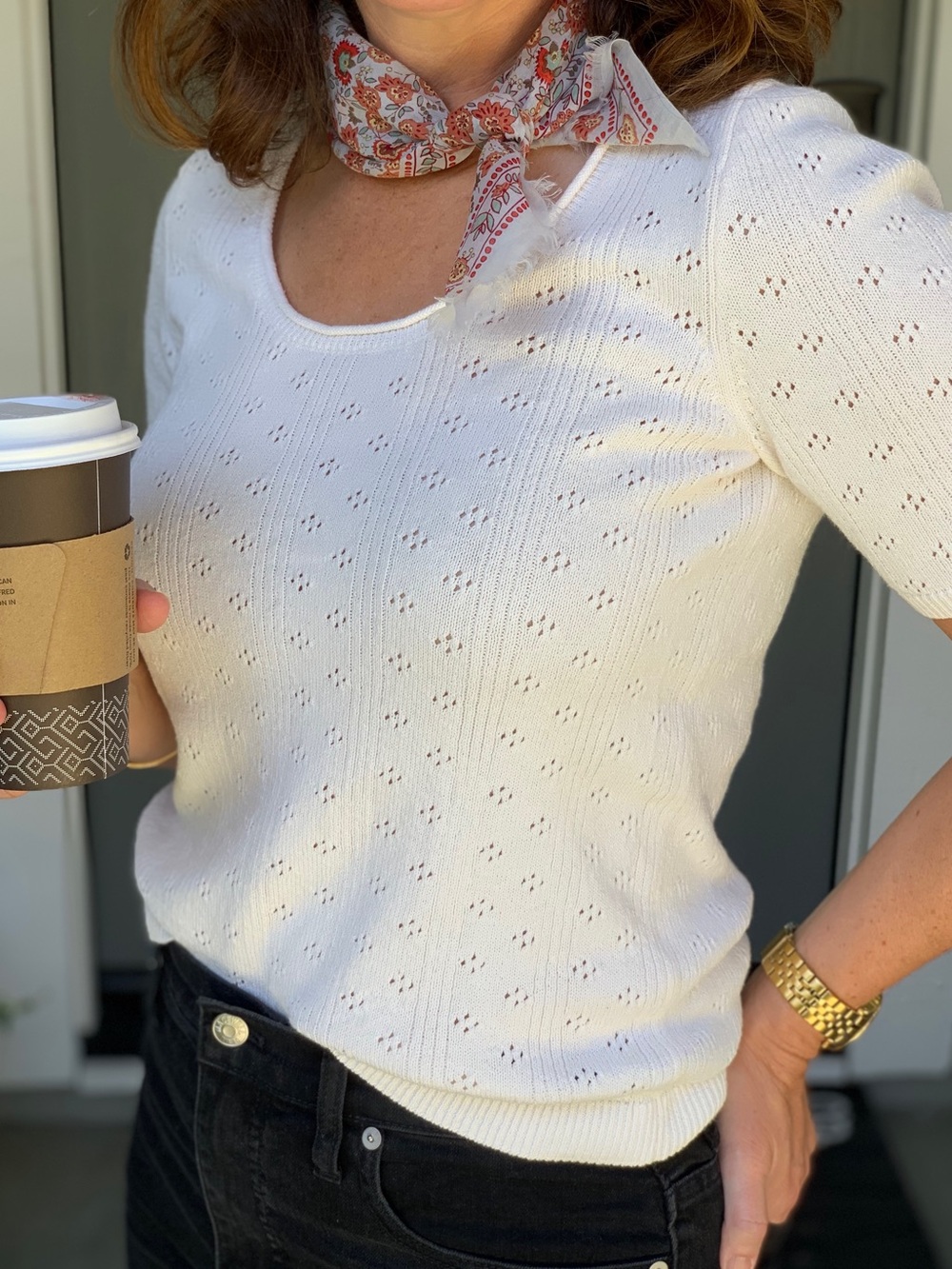 Madewell White Pointelle Knit Scoop-Neck Short Sleeve Top - Picture 1 of 4